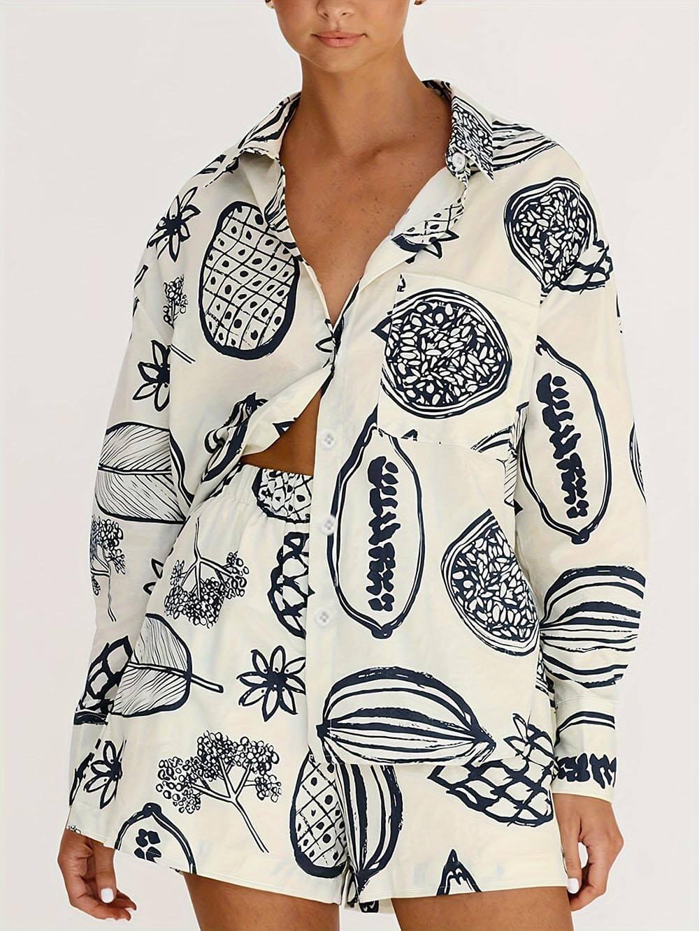 Fruit Print Summer Loose Shirt Shorts Set