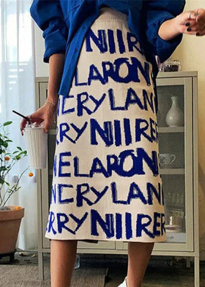 Blue Letter Print Back Side Open Knit Skirts Spring