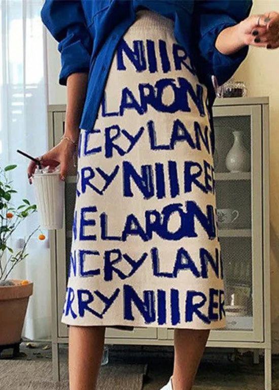 Blue Letter Print Back Side Open Knit Skirts Spring