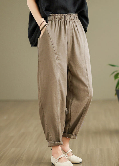 Camel Pockets Elastic Waist Cotton Pants Fall