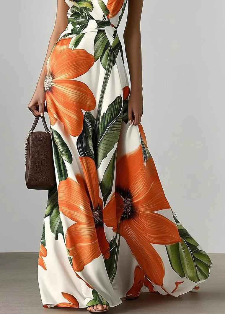 Classy Orange V Neck Print Chiffon Long Dress Sleeveless