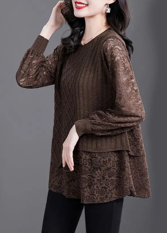 Coffee O-neck Knit Patchwork Fake Two Pieces Top Fall