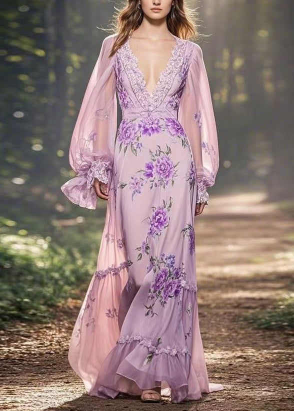 Light Purple Print Ruffled Patchwork Chiffon Long Dresses Spring
