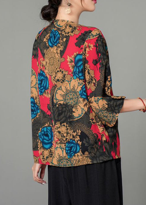 Blue Button Print Cotton Blouse Bracelet Sleeve