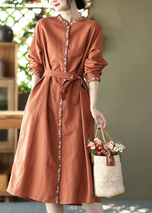 Handmade Orange Stand Collar Embroidered Linen Vacation Dresses Long Sleeve
