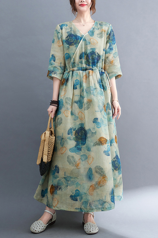 New Summer Blue Print Dress Ramie Short Sleeve Long Dress