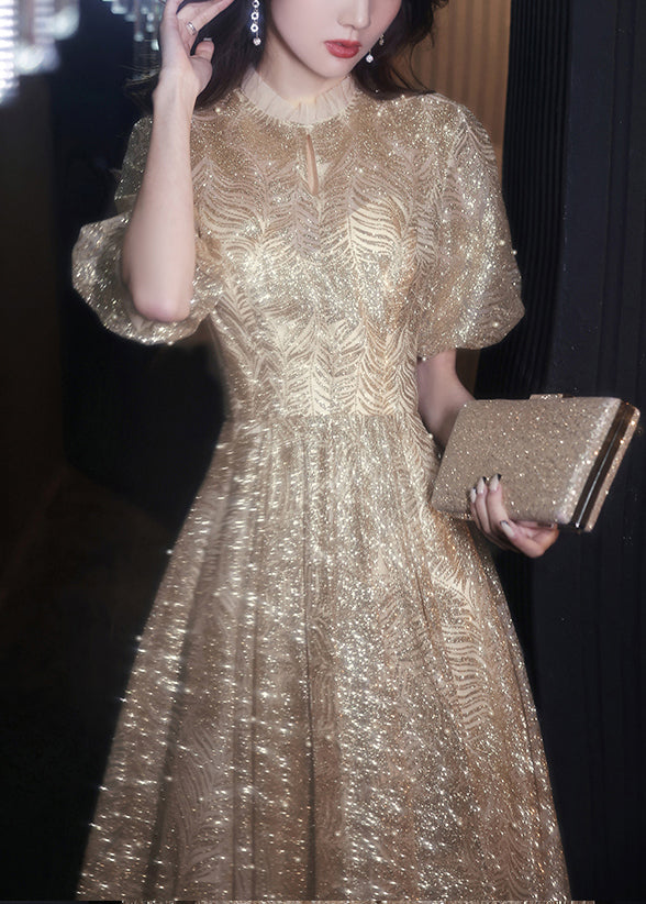 Gold Ruffled Nail Bead Long Dresses Puff Sleeve