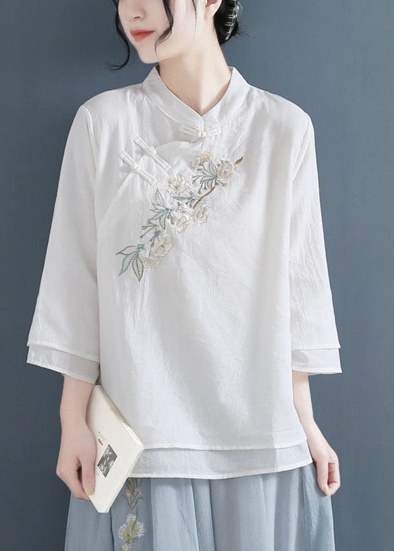 White Mandarin Collar Cotton Fake Two Piece Shirts Three Quarter Sleeve