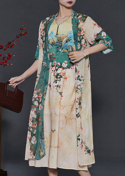 Apricot Print Chiffon Fake Two Piece Dress Summer