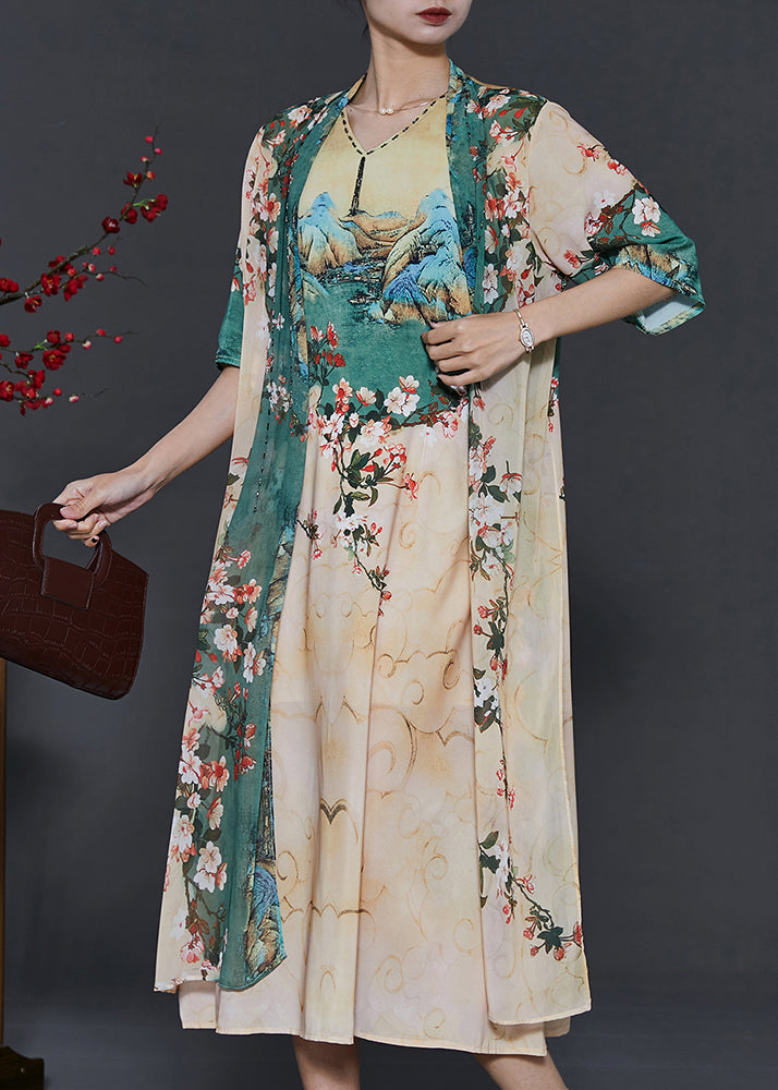 Apricot Print Chiffon Fake Two Piece Dress Summer