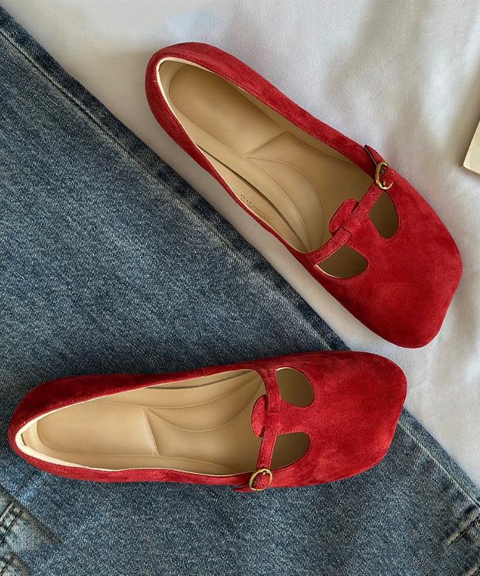 Comfortable Red Suede Splicing Flats Square Toe