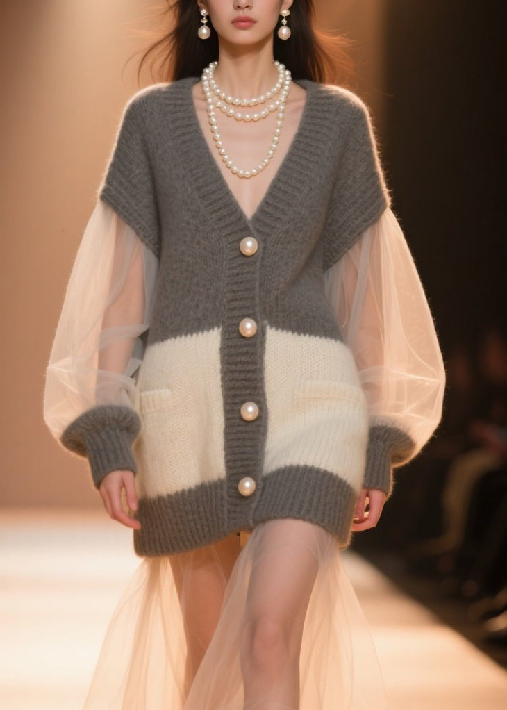 Colorblock V Neck Tulle Patchwork Knit Cardigans Fall