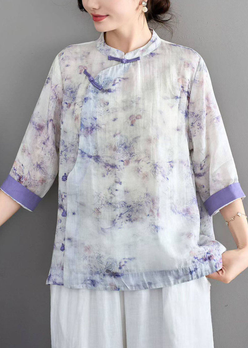 Blue Stand Collar Print Chinese Button Linen Shirt Summer