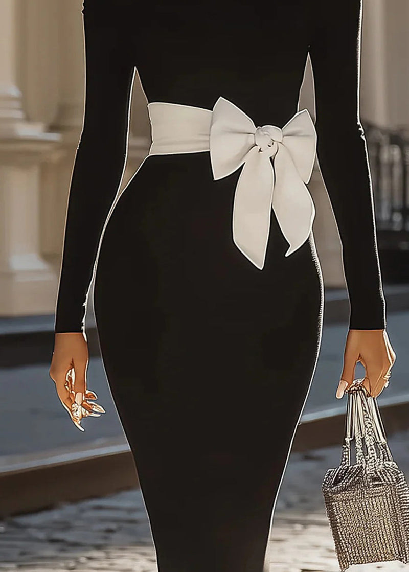 Black Cold Shoulder Bow Slim Fit Cotton Dresses Fall