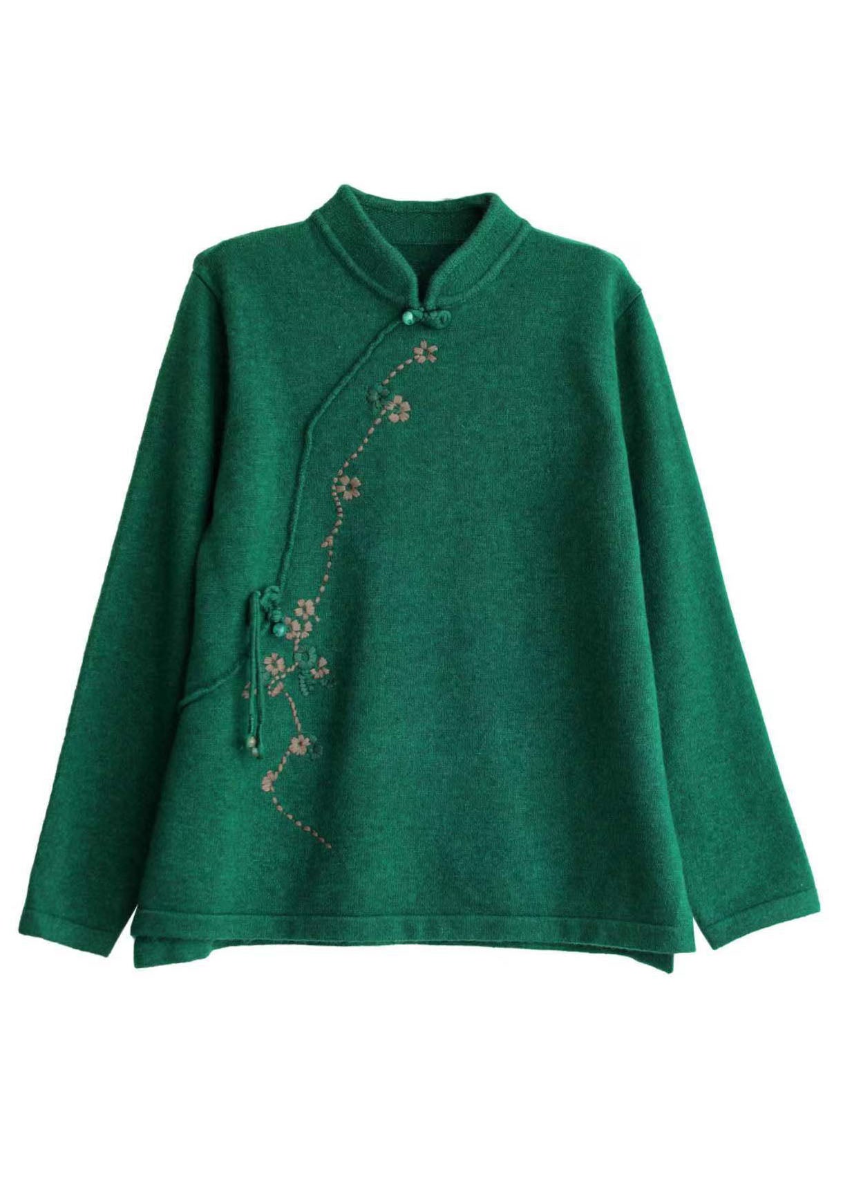 Green Mandarin Collar Embroidered Knit Sweaters Winter