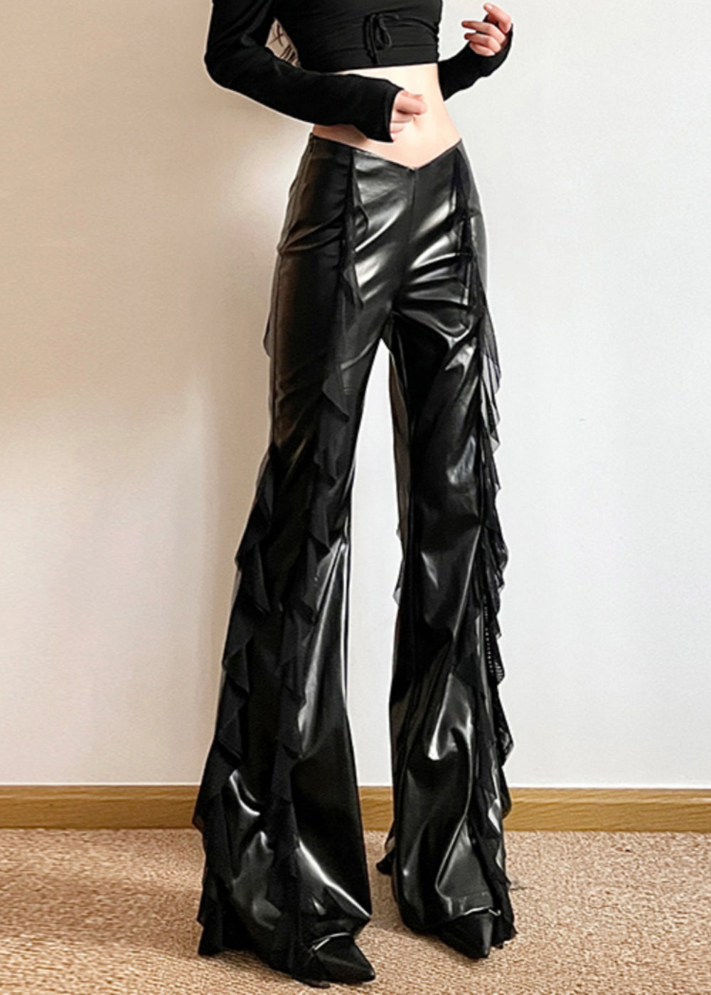 Black Ruffled Patchwork Asymmetrical Faux Leather Wide Leg Pants