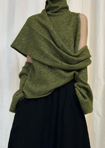 Green Asymmetrical Knit Sweater Turtleneck Winter