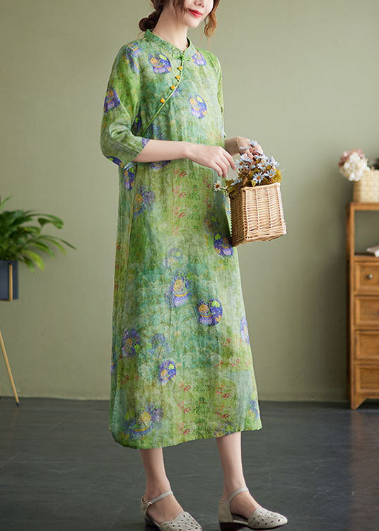 Green Stand Collar Print Side Open Cotton Linen Cheongsam Dress Half Sleeve