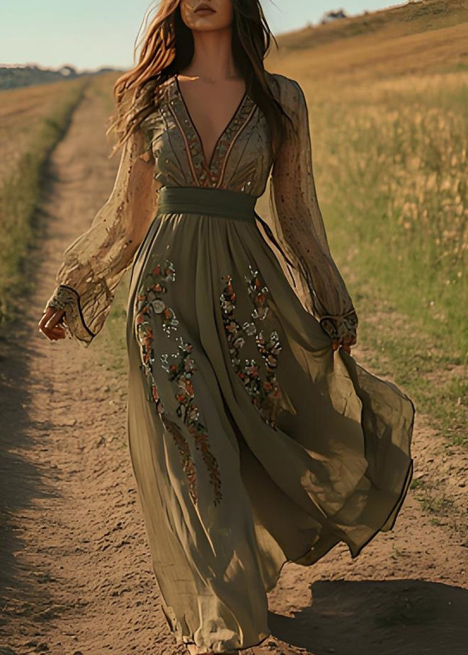 Green V Neck Print Cotton Maxi Dresses Spring
