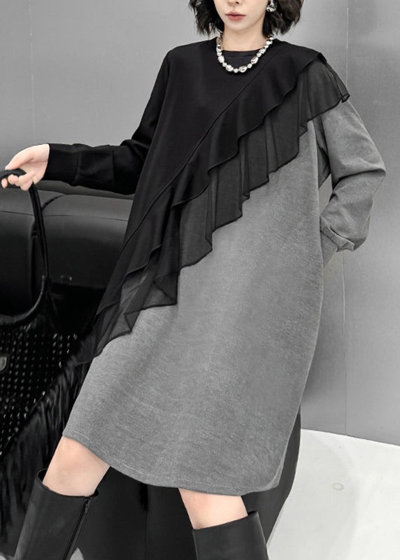 Grey O-neck Tulle Patchwork Cotton Knit Long Sweater Dress Lantern Sleeve