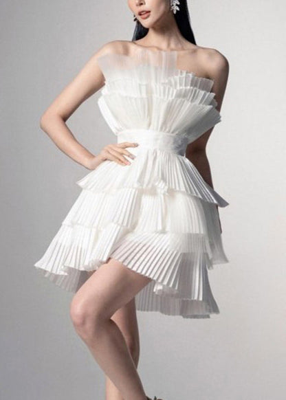 Original Design White Layered Wrinkled Strapless Summer Dress