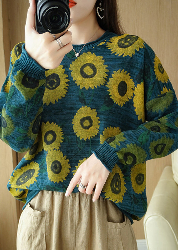 Grey O-neck Print Thick Knit Sweater Fall