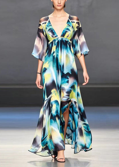 V Neck Tie Dye Side Open Chiffon Party Dresses Summer