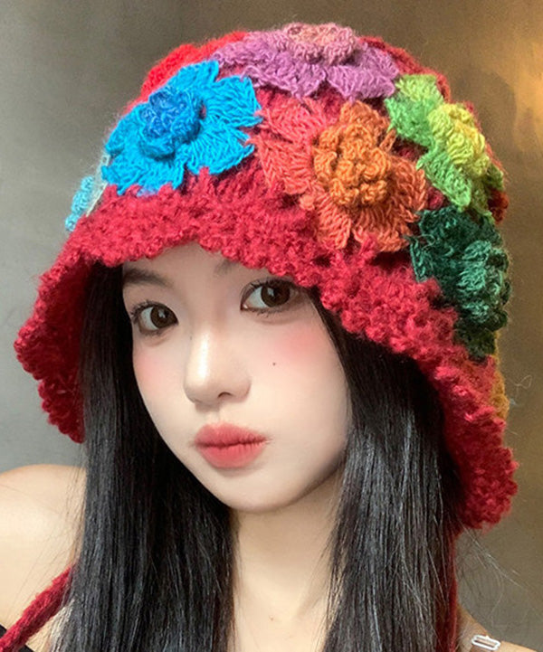 Style Red Flower Hollow Knitted Boonie Hat