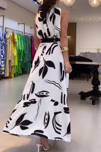 Print Lace Up With Belt O Neck Long Dresses