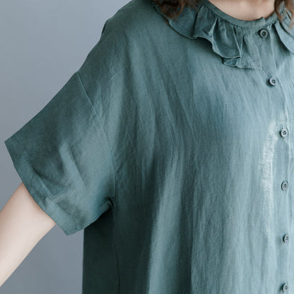 Navy Cotton Linen Dress Dress Fine Short Sleeve Patchwork Peter Pan Collar Pockets Cotton Linen Dresses