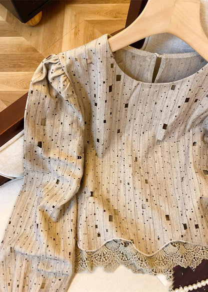 Khaki Patchwork Hole Hollow Out Shirts Fall