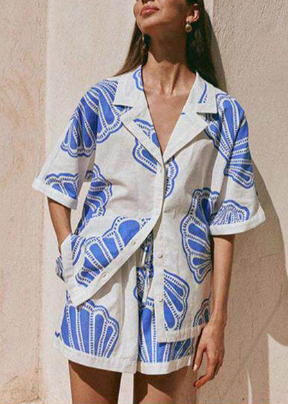 Blue Notched Print Shirts and Shorts Pajama Set