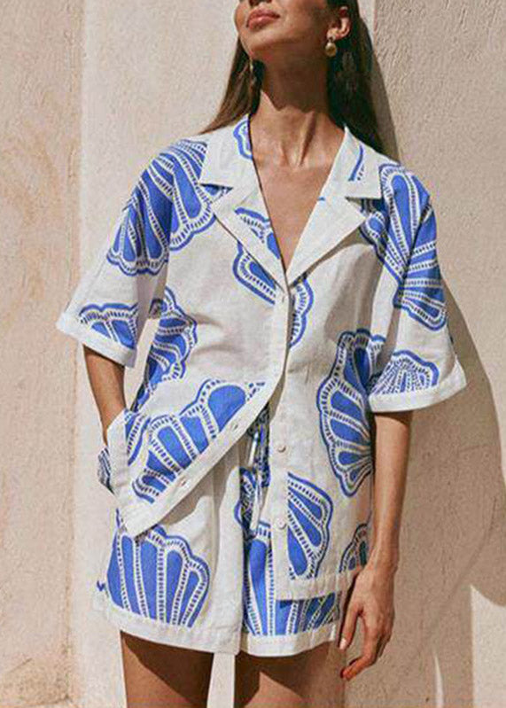 Blue Notched Print Shirts and Shorts Pajama Set