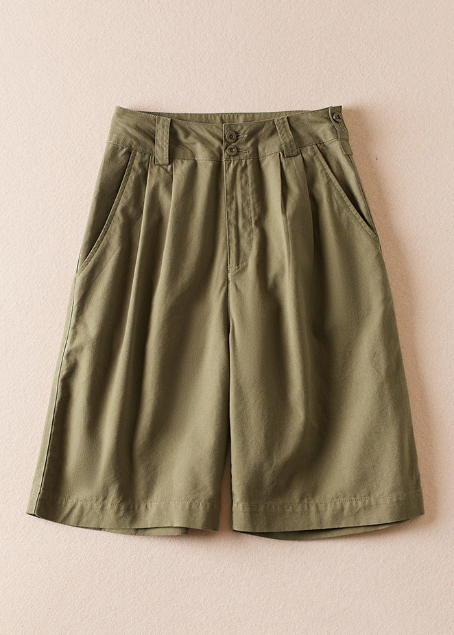Army Green Pockets High Waist Cotton Shorts Summer