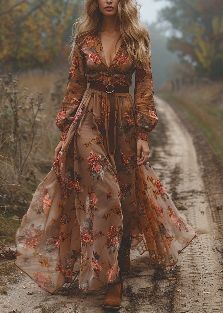 Caramel V Neck Print Exra Large Hem Chiffon Dress Fall
