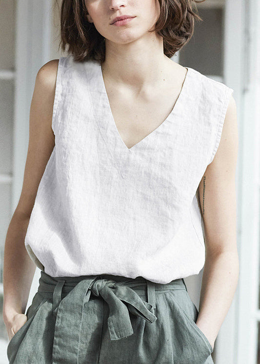 White V Neck Simple Linen Tank Top Sleeveless