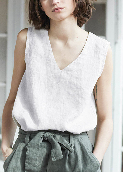White V Neck Simple Linen Tank Top Sleeveless
