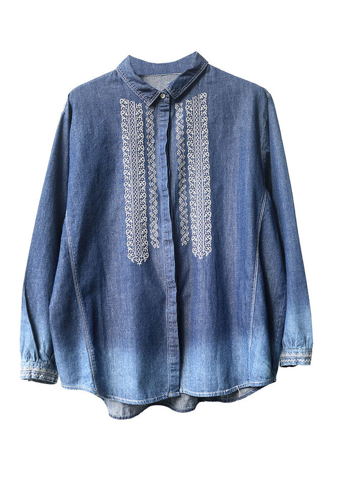 Blue Peter Pan Collar Embroidered Cotton Denim Shirt Top Long Sleeve