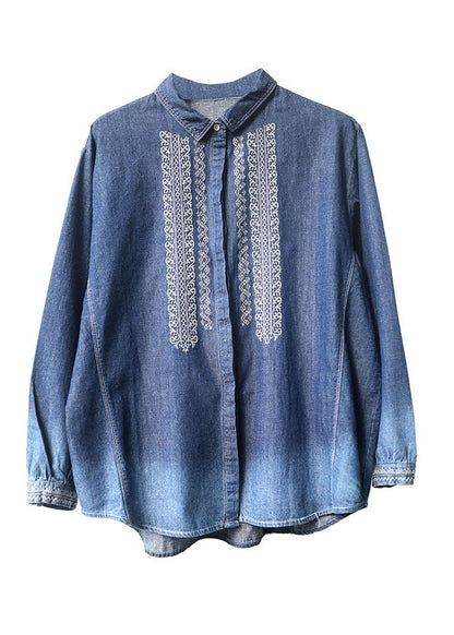 Blue Peter Pan Collar Embroidered Cotton Denim Shirt Top Long Sleeve