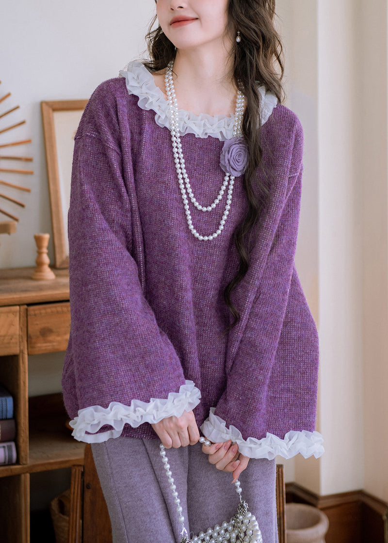 Loose Purple Ruffled Patchwork Knit Sweater Flare Sleeve