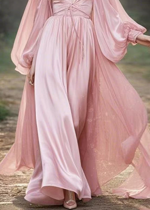 New Pink V Neck Lace Up Maxi Dress Lantern Sleeve