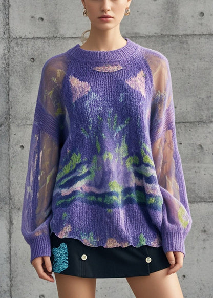 Purple Tie Dye Hollow Out Knit Pullover Fall