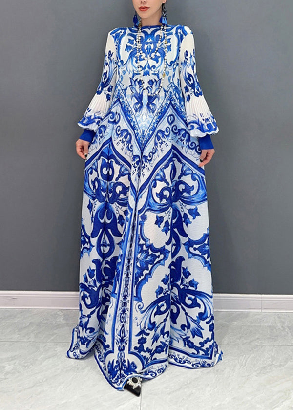 Summer New Blue and White Porcelain Print Chiffon Pleated Long Dress