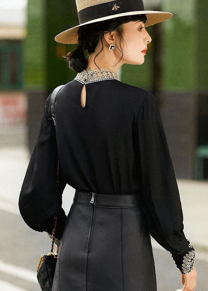 Black Stand Collar Embroidered Hollow Out Chiffon Blouse Tops Long Sleeve