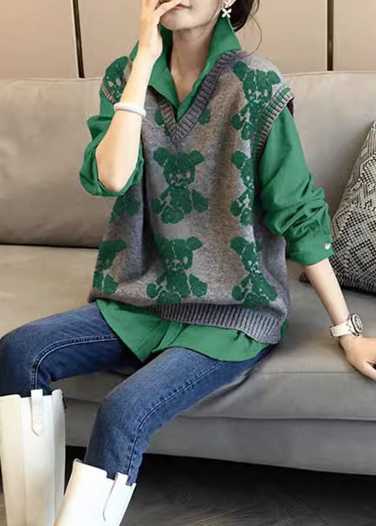Green Knitted Vest Shirt Age Reducing Two Piece Set Autumn New