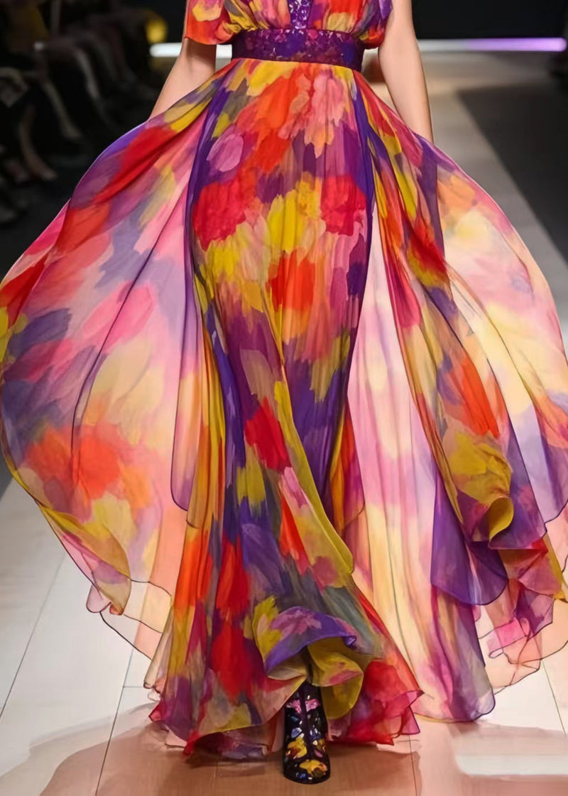 Italian Rainbow Cinched Print Chiffon Dress Summer