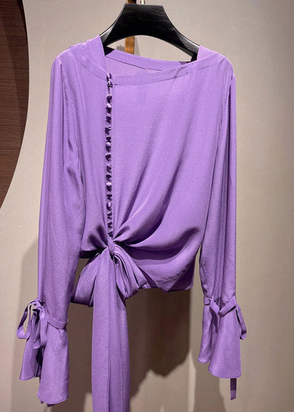 Purple Asymmetrical Tie Waist Shirt Fall