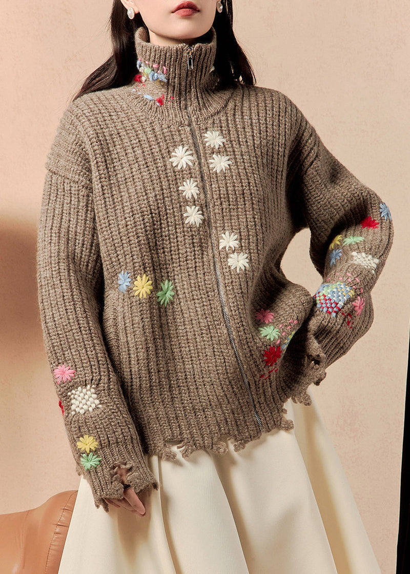 Coffee Zip Up Hole Pockets Cotton Knit Coats Winter