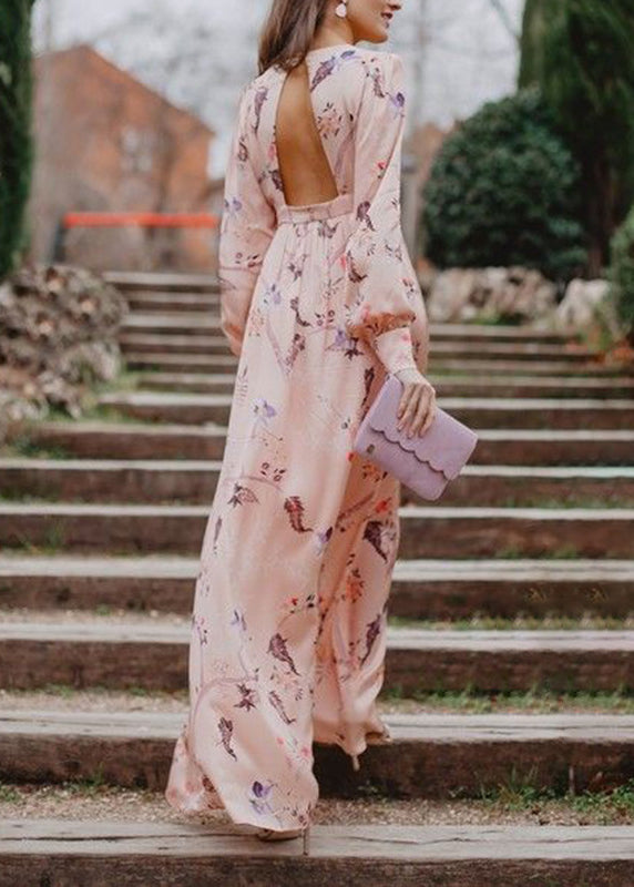Pink Backless Print Cotton Long Dress Fall