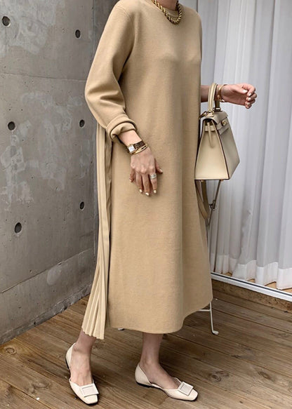 Yellow O Neck Wrinkled Patchwork Cotton Long Dress Winter